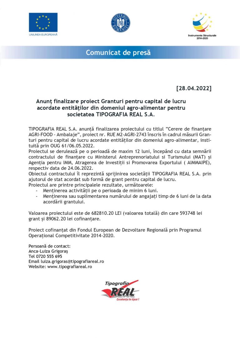 Comunicat de presa TIPOGRAFIA REAL SA