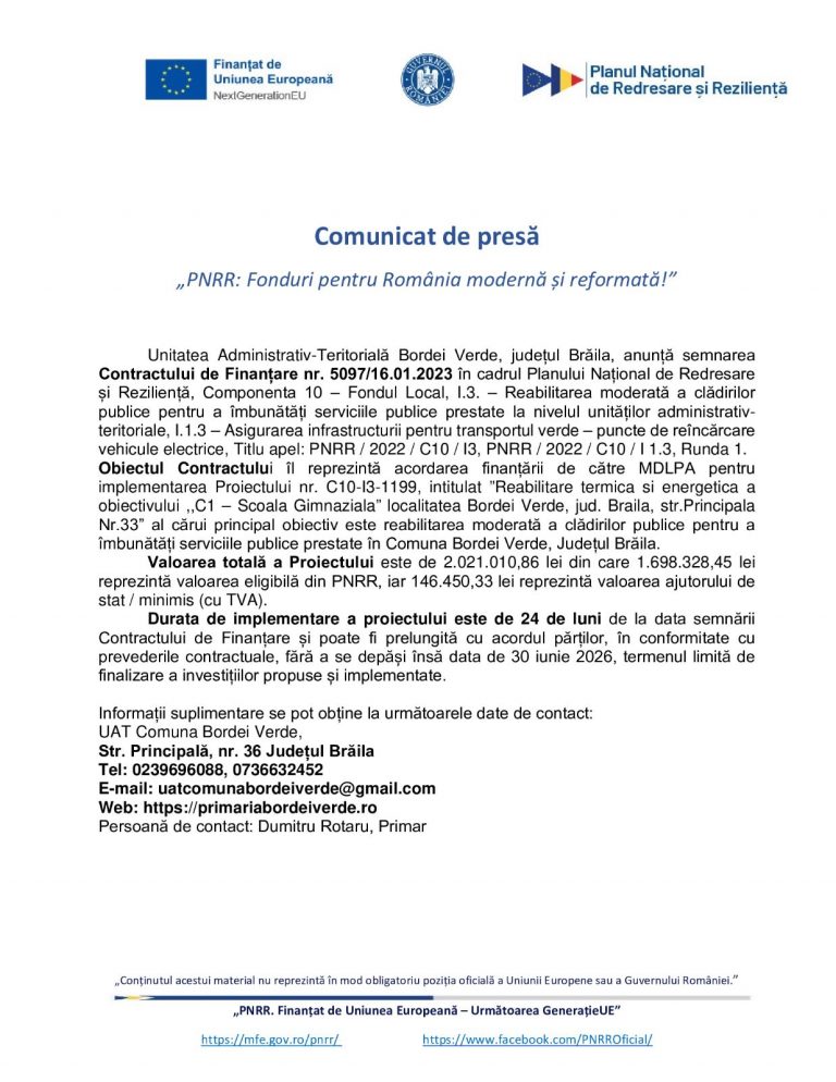 Comunicat de presa UAT Bordei Verde