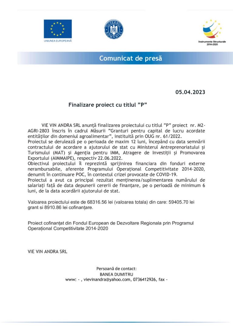 Comunicat de presa VIE VIN ANDRA SRL