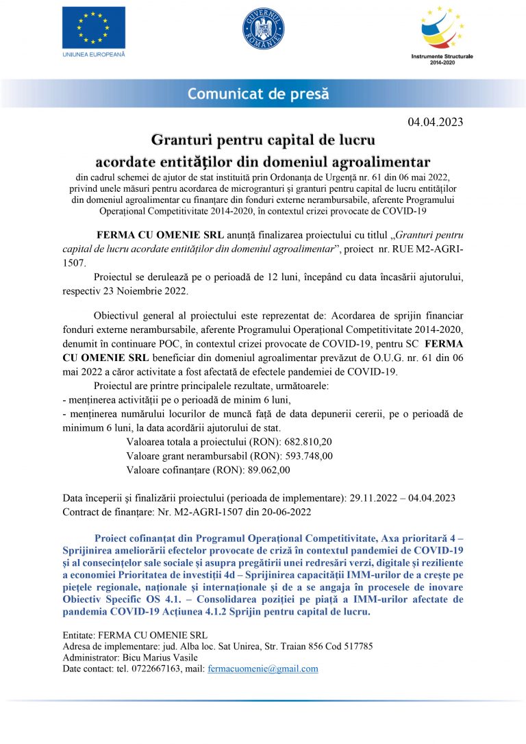 Comunicat de presă FERMA CU OMENIE SRL