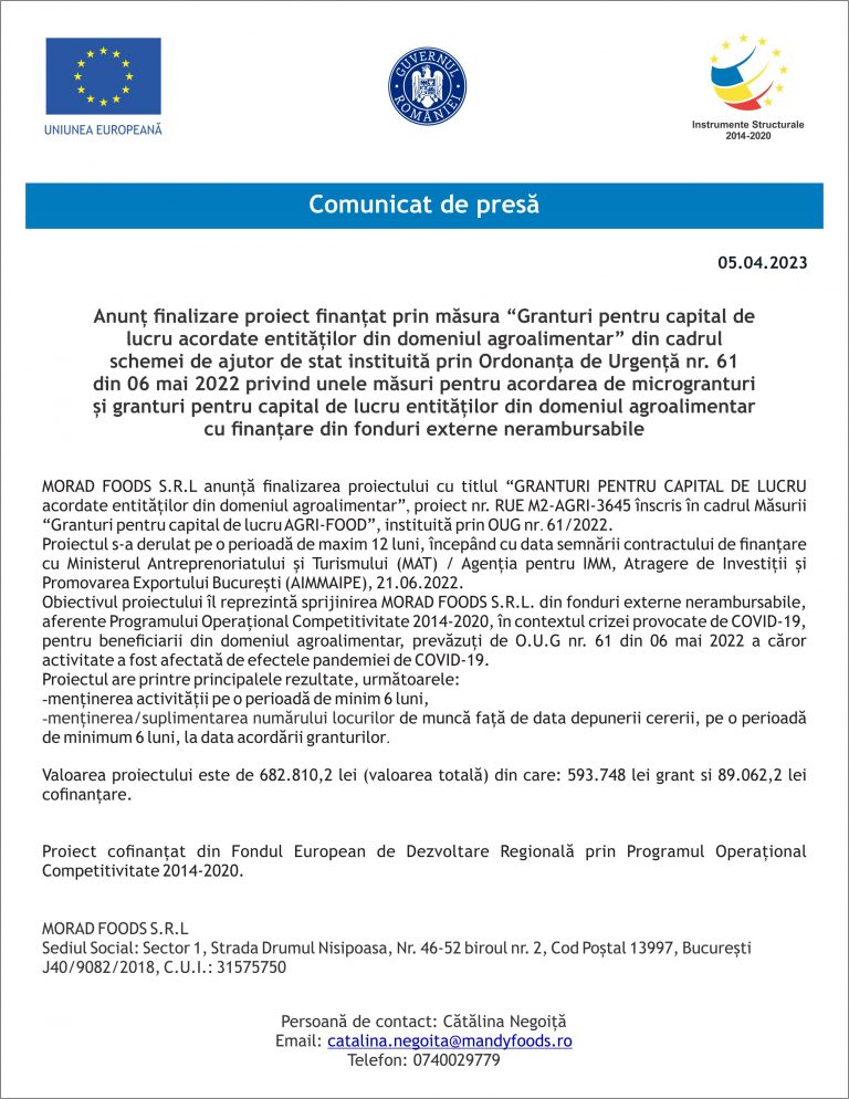 Comunicat de presa MORAD FOOD SRL