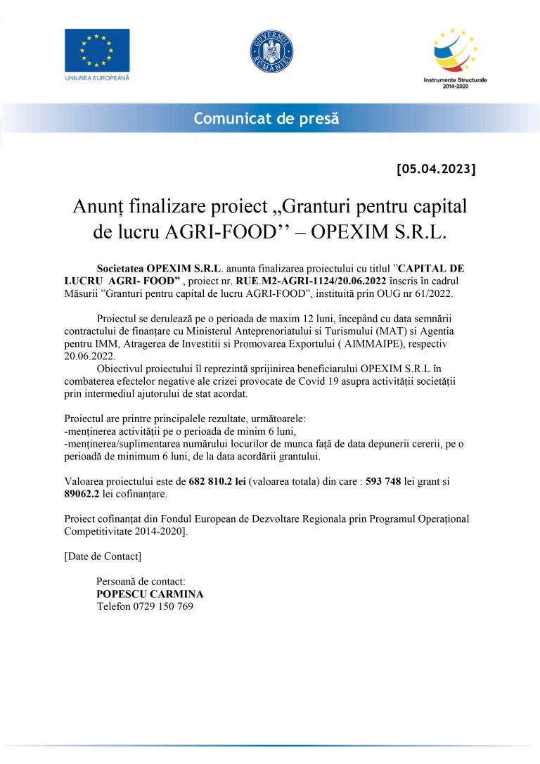 Comunicat de presă OPEXIM S.R.L.