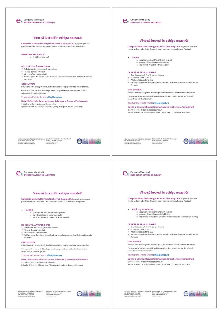 Oferte serviciu – Compania Municipală Energetica Servicii București S.A.