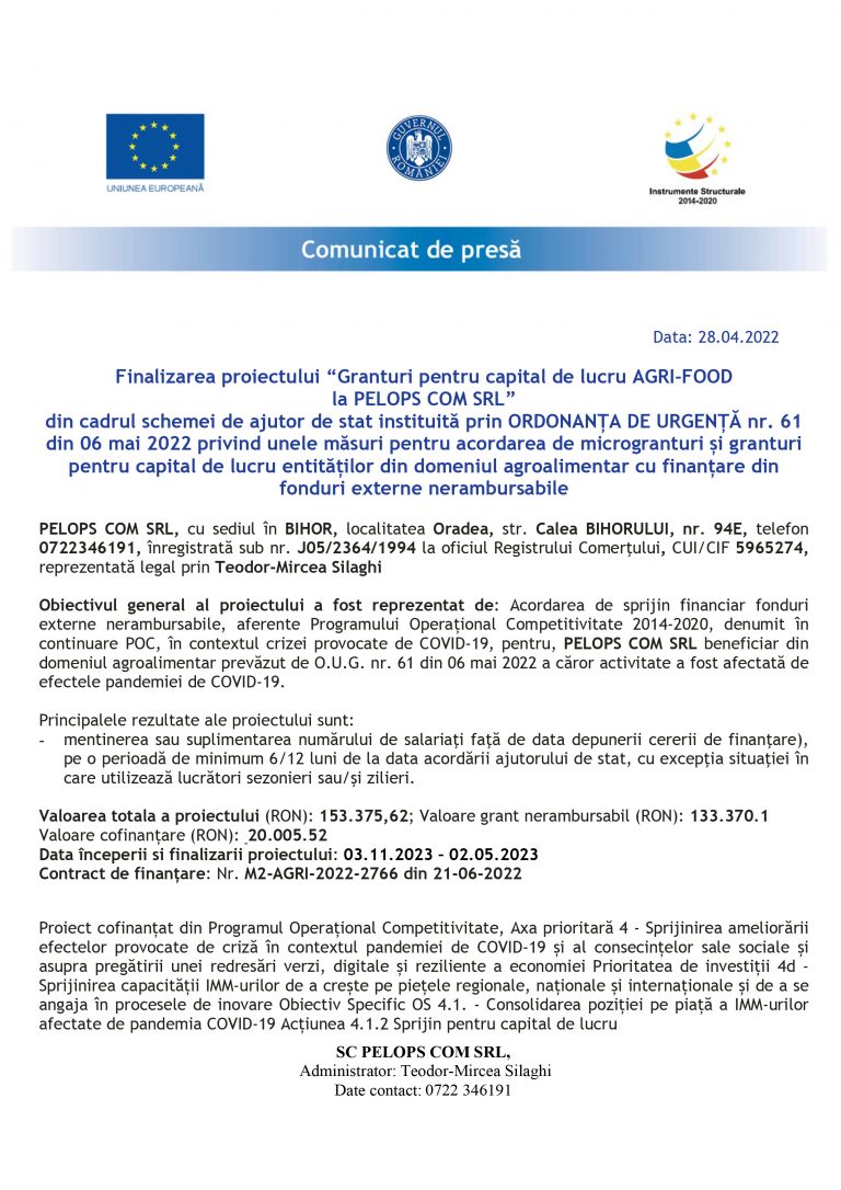Comunicat de presă PELOPS COM SRL