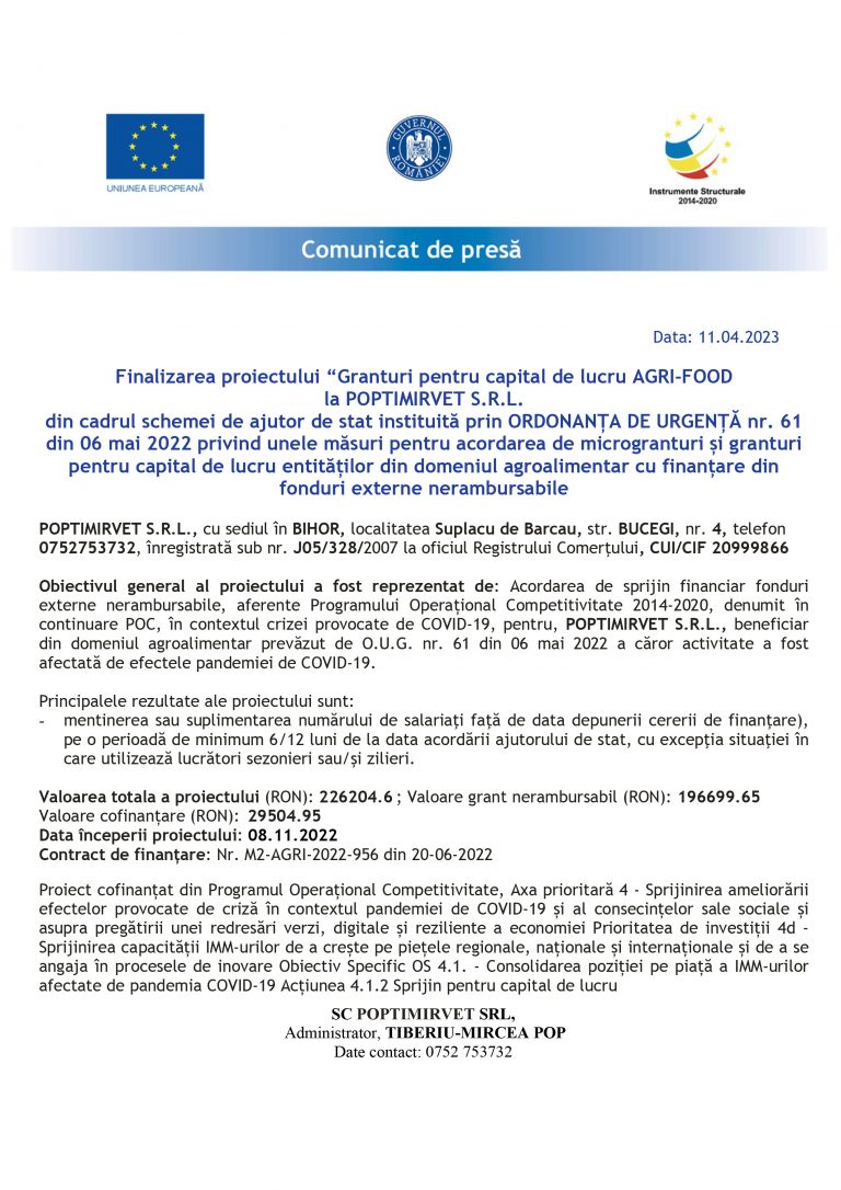 Comunicat de presă POPTIMIRVET S.R.L.
