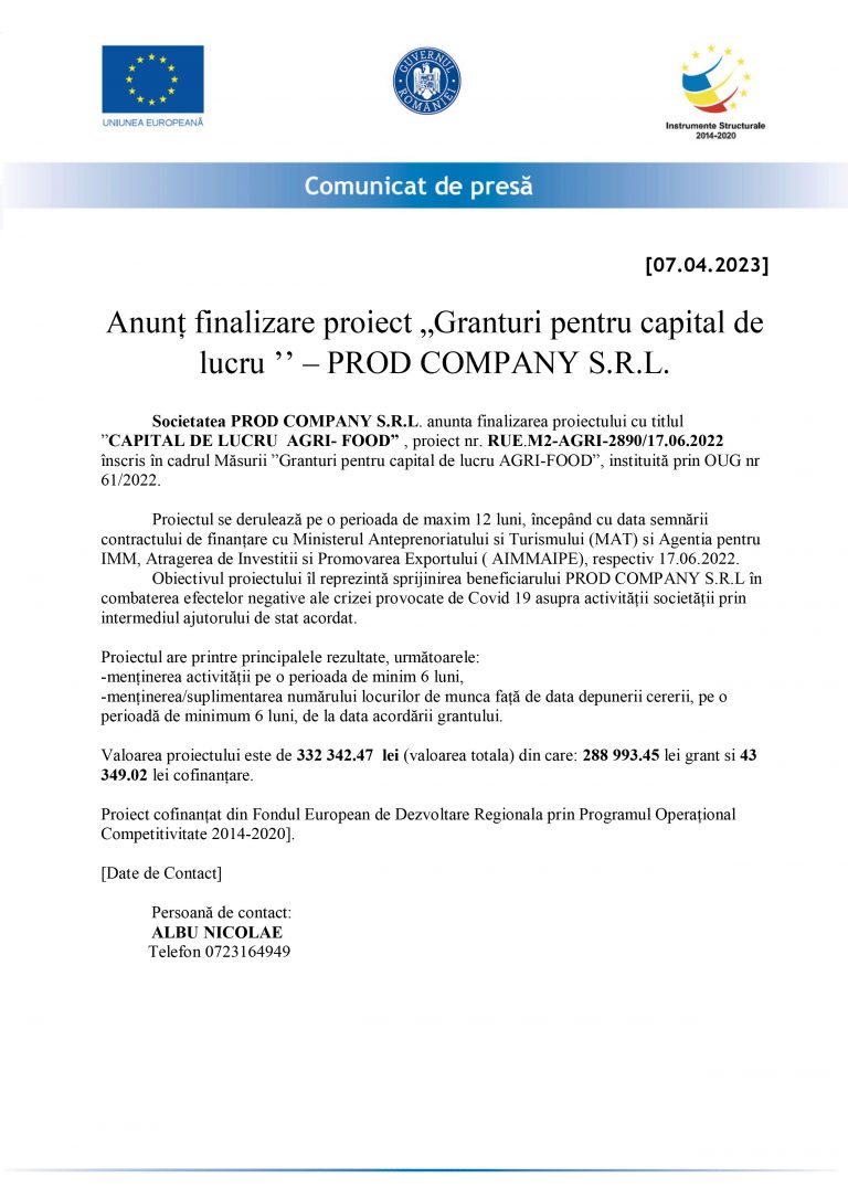 Comunicat de presă Societatea PROD COMPANY S.R.L