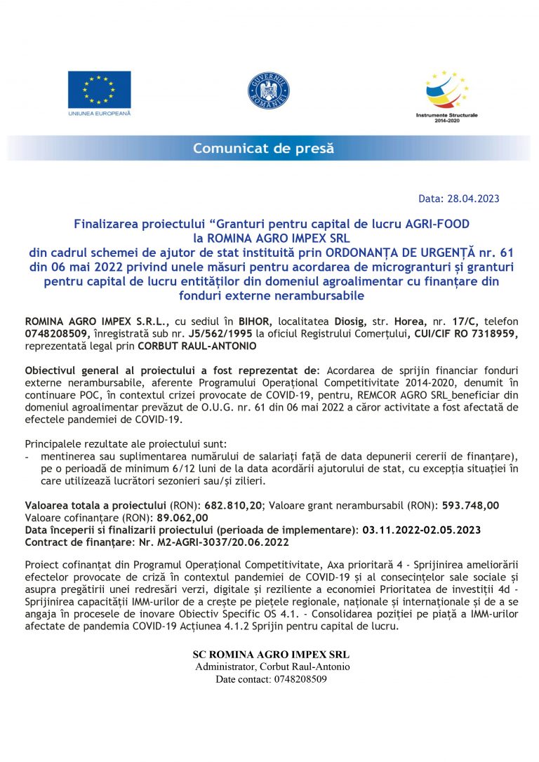 Comunicat de presă ROMINA AGRO IMPEX S.R.L.