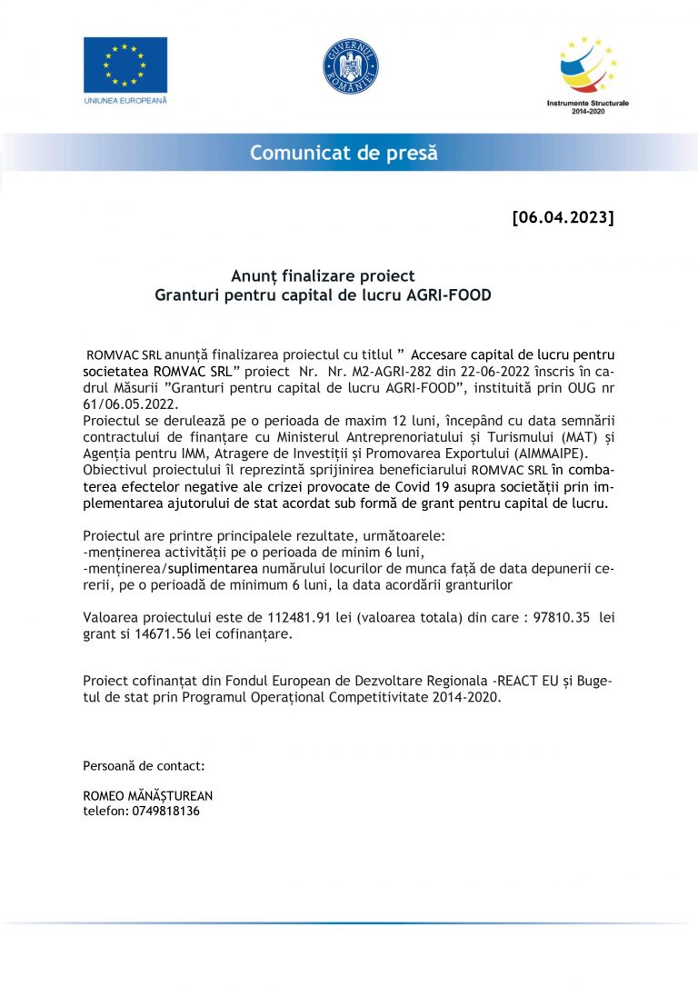 Comunicat de presă ROMVAC SRL