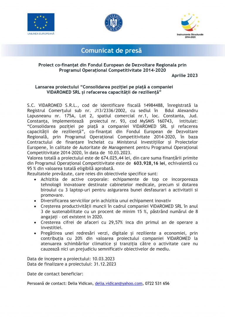 Comunicat de presă S.C. VIDAROMED S.R.L.
