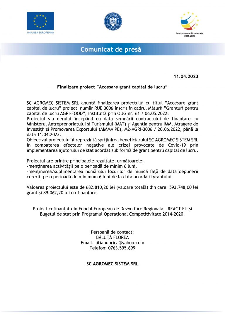Comunicat de presă SC AGROMEC SISTEM SRL