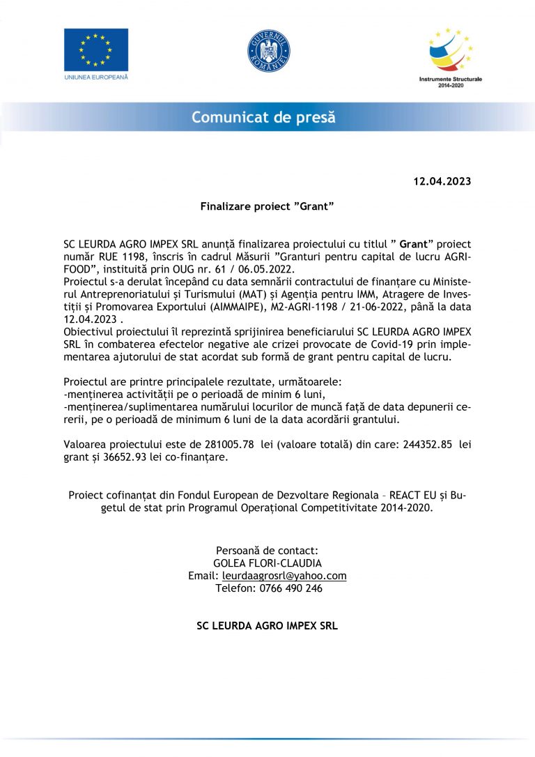 Comunicat de presă SC LEURDA AGRO IMPEX SRL