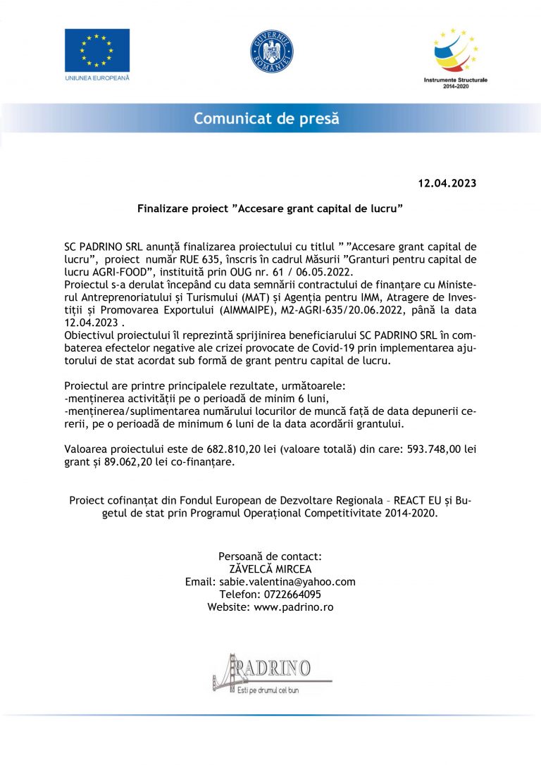 Comunicat de presă SC PADRINO SRL