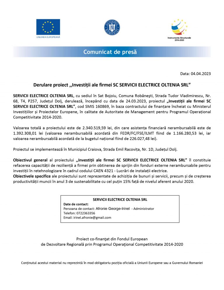 Comunicat de presă SERVICII ELECTRICE OLTENIA SRL
