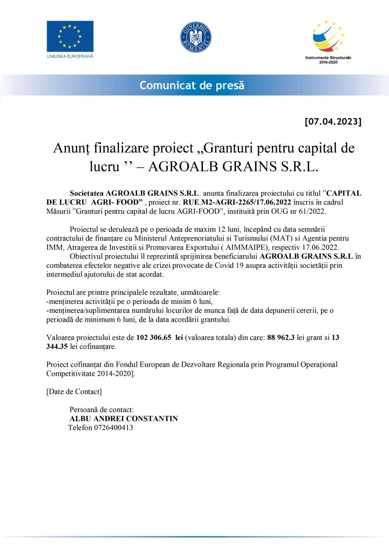 Comunicat de presă Societatea AGROALB GRAINS S.R.L