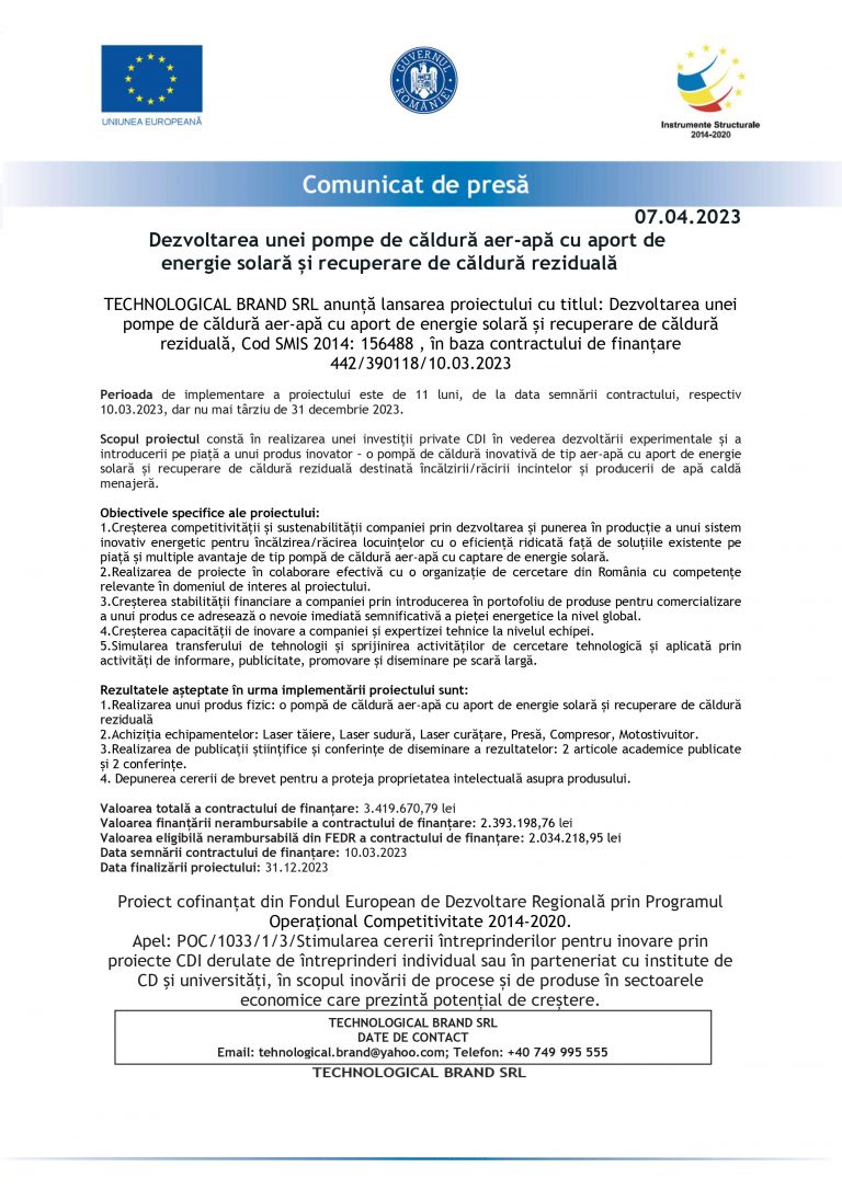 Comunicat de presă Societatea TECHNOLOGICAL BRAND SRL