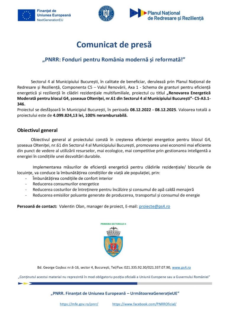 Comunicat de presă „PNRR: Fonduri pentru România modernă și reformată!”