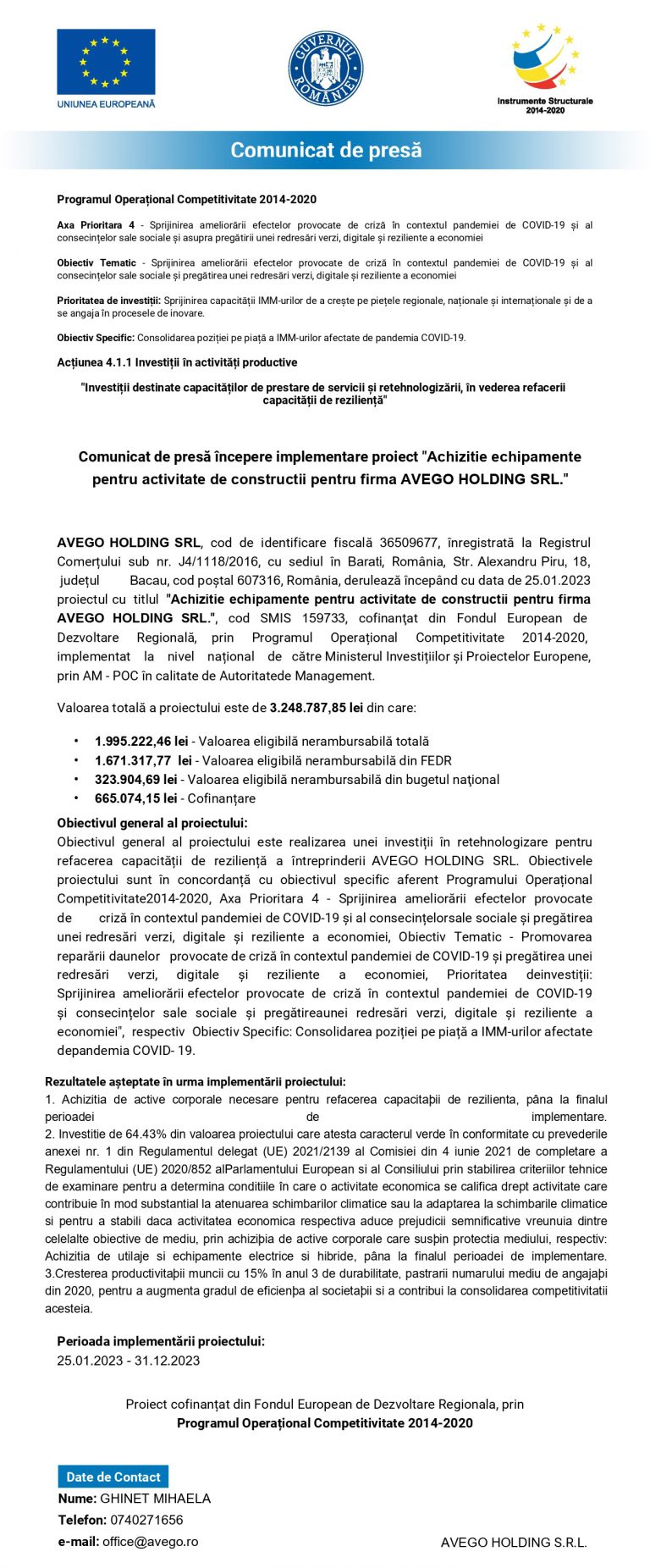 Comunicat de presă AVEGO HOLDING SRL