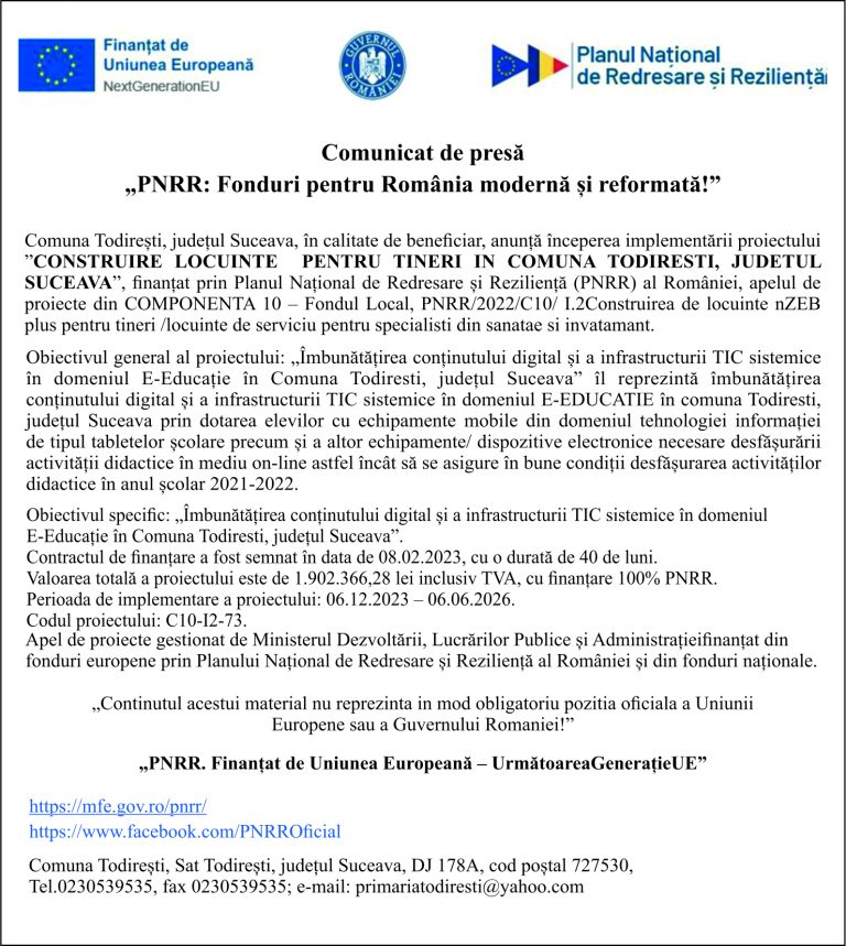Comunicat de presa Comuna Todirești