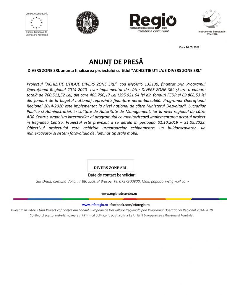 Anunț de presă DIVERS ZONE SRL