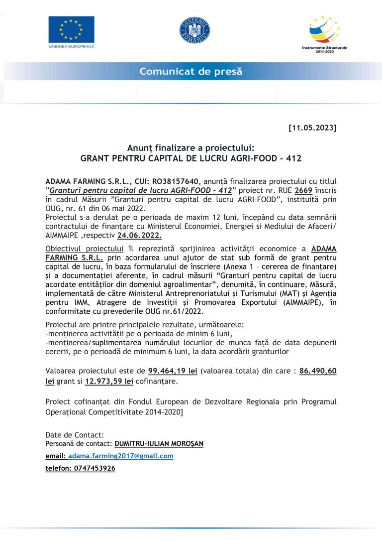 Comunicat de presă ADAMA FARMING S.R.L.