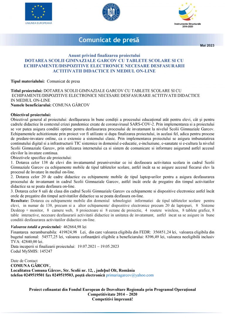 Comunicat de presa COMUNA GÂRCOV
