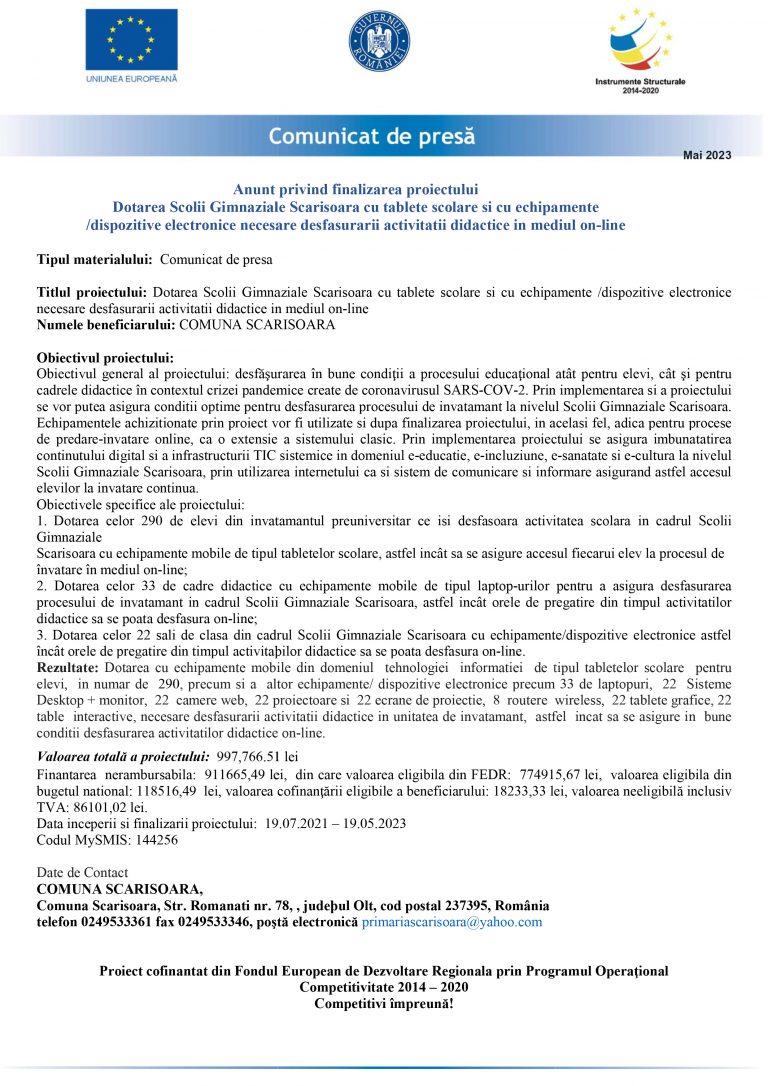 Comunicat de presă Comuna Scărișoara