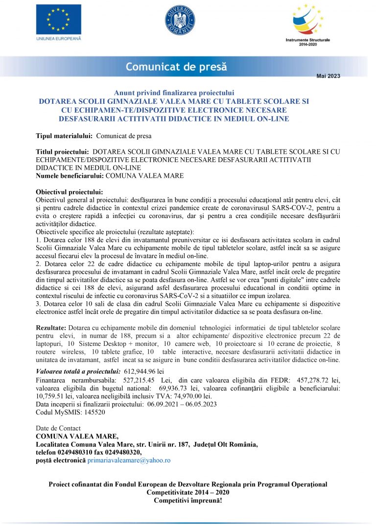 Comunicat de presă Comuna Valea Mare