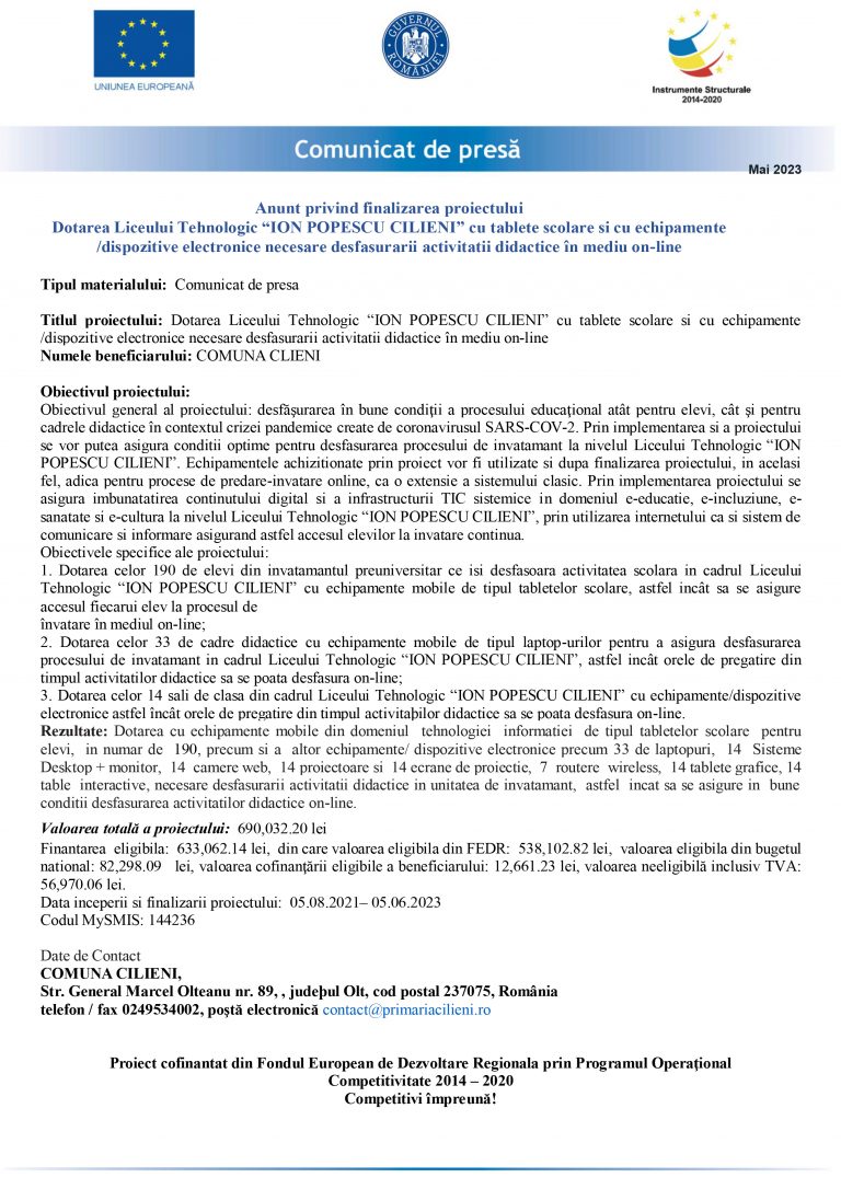 Comunicat de presă Comuna Cilieni