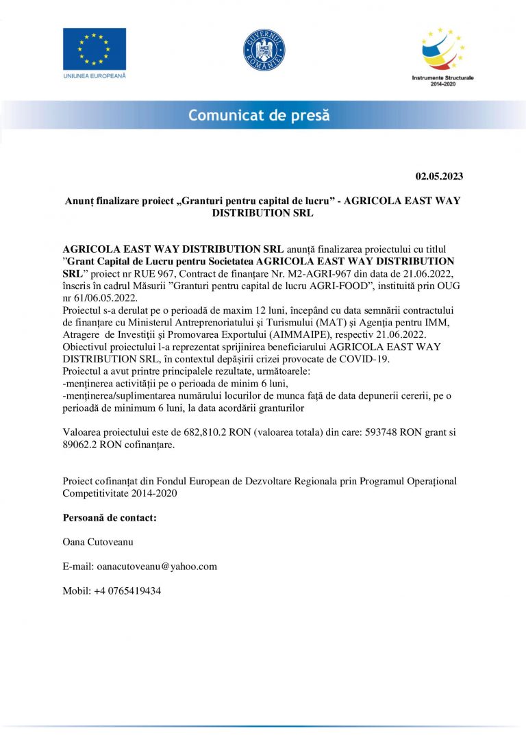 Comunicat de presa AGRICOLA EAST WAY DISTRIBUTION SRL