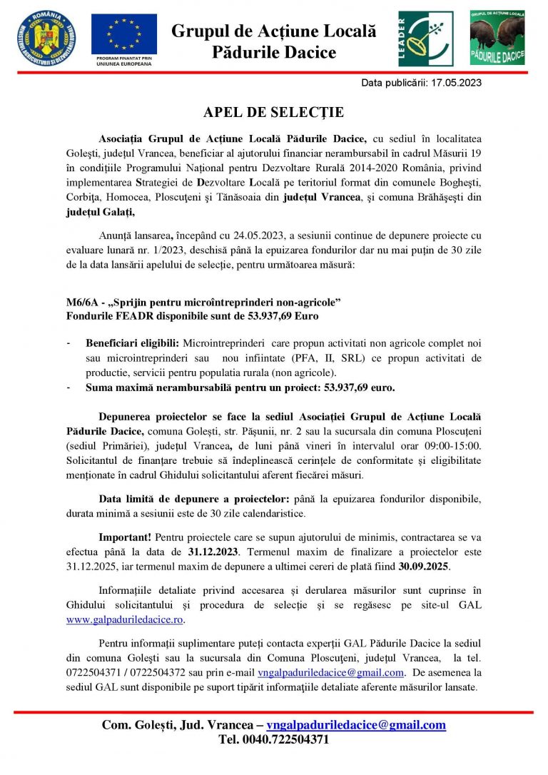 Comunicat de presa Asociatia Grupul de Actiune Locala Padurile Dacice
