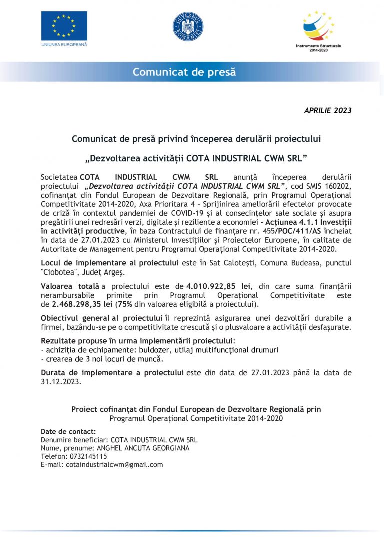 Comunicat de presa COTA INDUSTRIAL CWM SRL