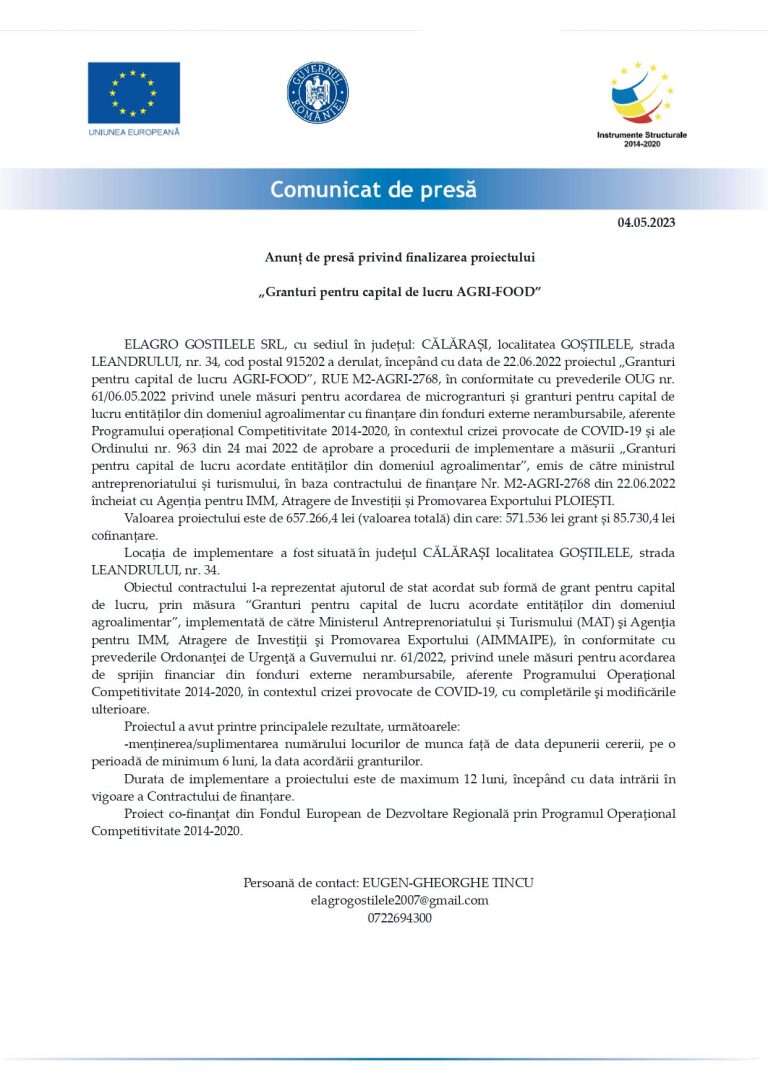 Comunicat de presa ELAGRO GOSTILELE SRL
