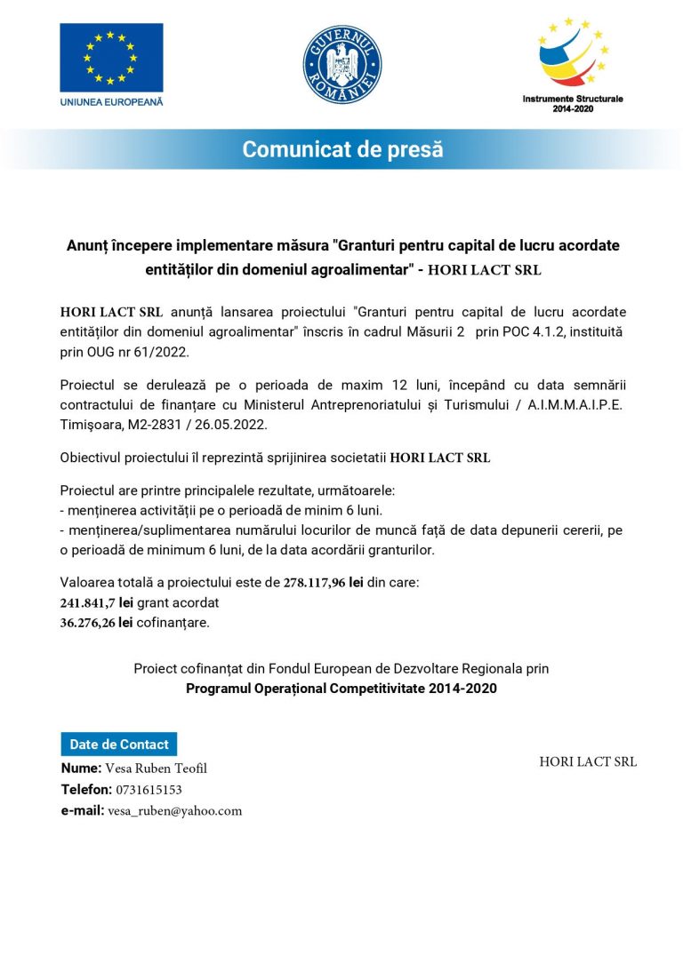 Comunicat de presa HORI LACT SRL