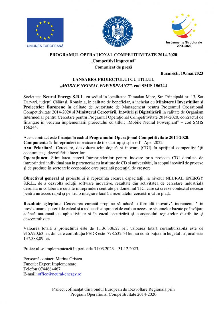 Comunicat de presa NEURAL ENERGY SRL