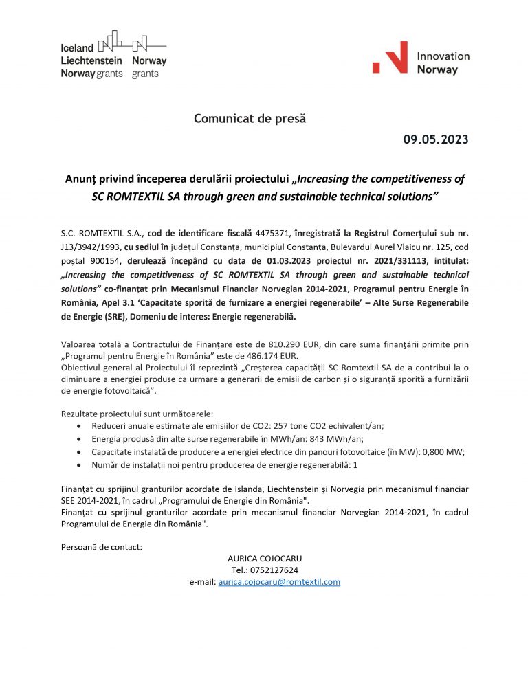 Comunicat de presă S.C. ROMTEXTIL S.A.