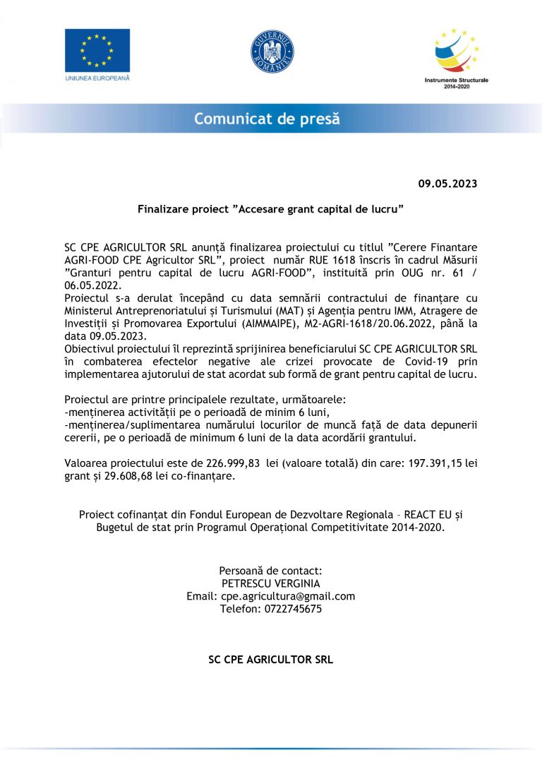 Comunicat de presă SC CPE AGRICULTOR SRL
