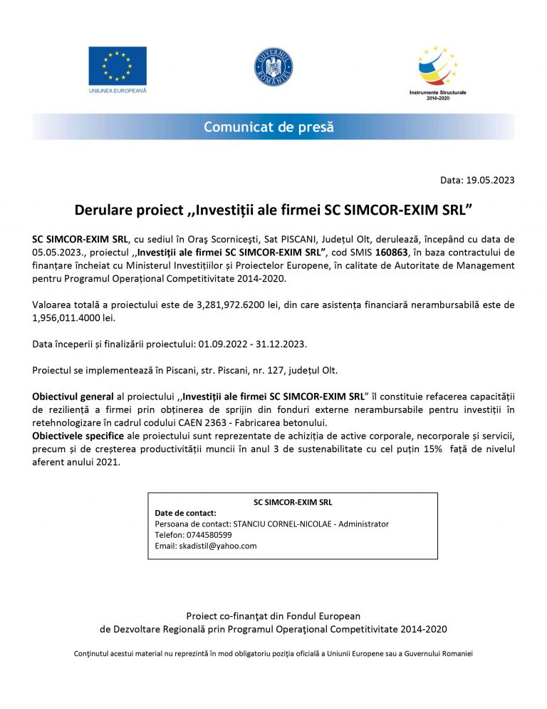 Comunicat de presă SC SIMCOR-EXIM SRL