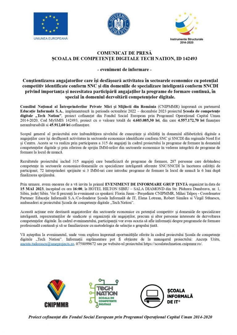 COMUNICAT DE PRESĂ ȘCOALA DE COMPETENȚE DIGITALE TECH NATION