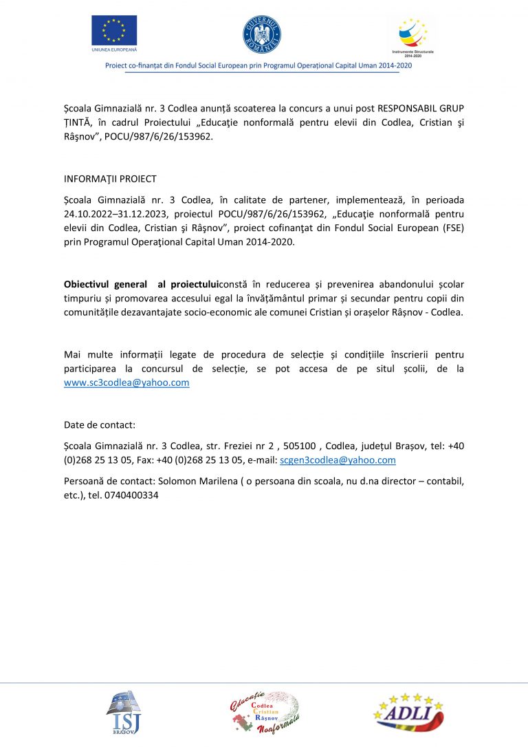 Comunicat de presă Școala Gimnazială nr. 3 Codlea