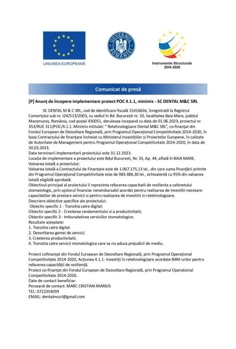Comunicat de presă Dental M&C SRL