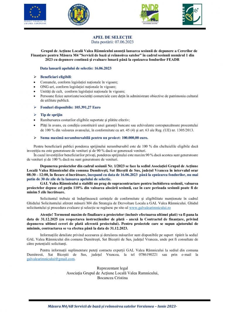 Apel de selectie Grupul de Actiune Locala Valea Ramnicului