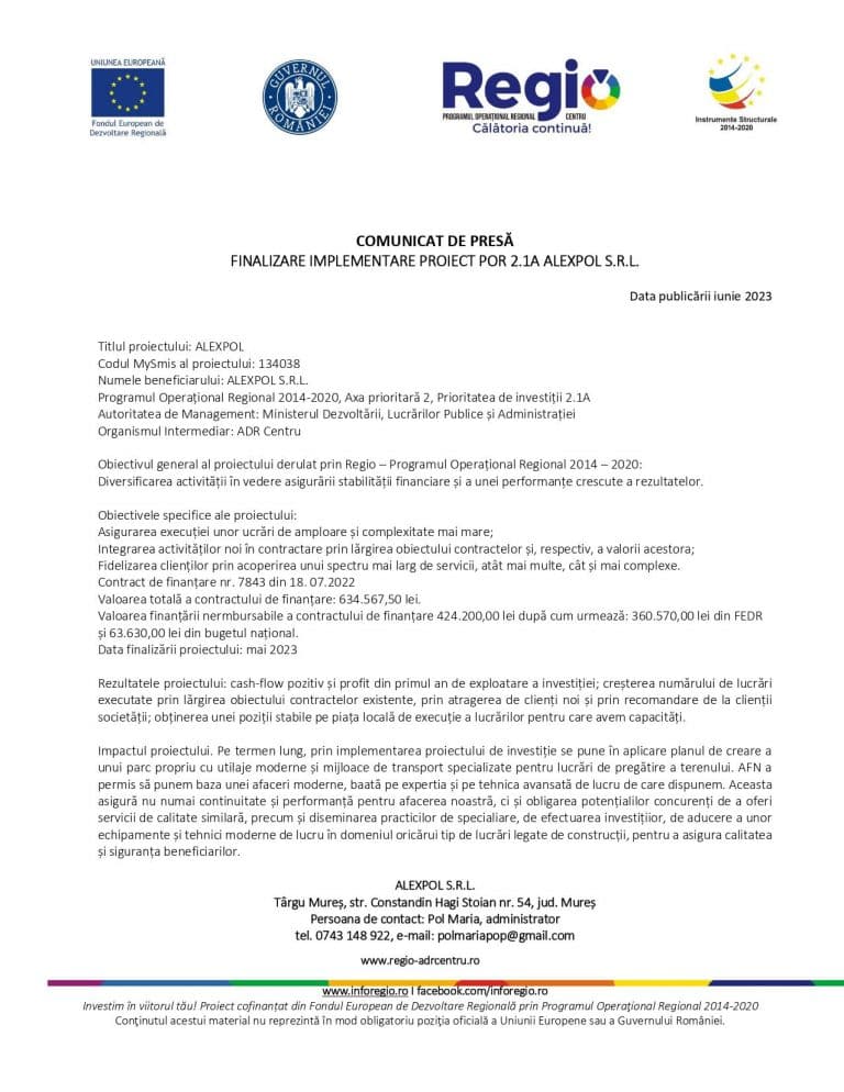 Comunicat de presa ALEXPOL SRL