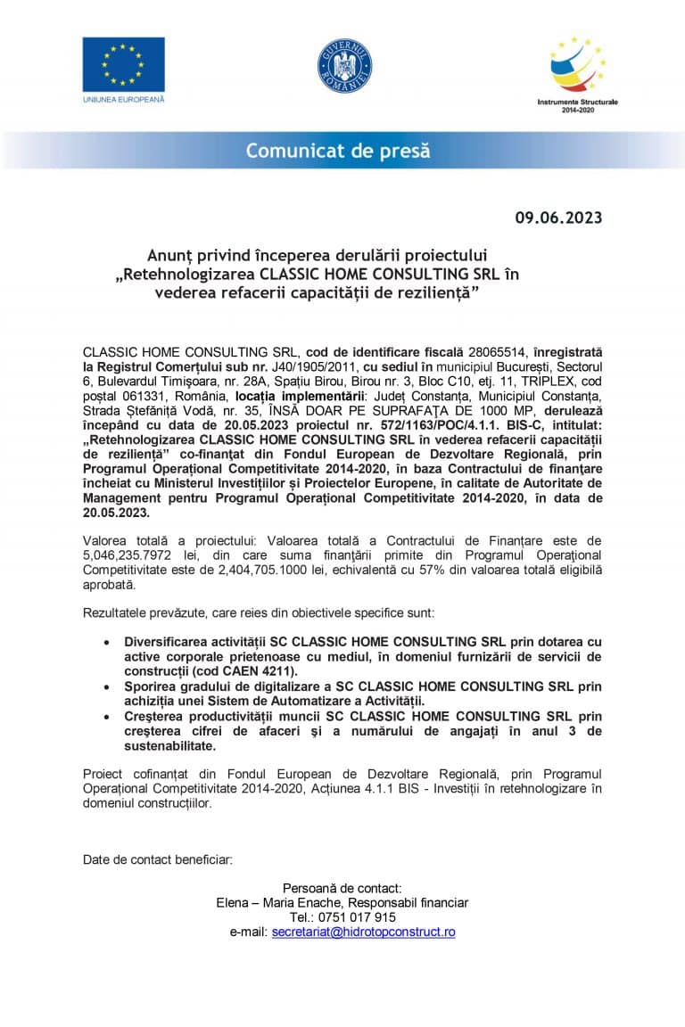 Comunicat de presă CLASSIC HOME CONSULTING SRL