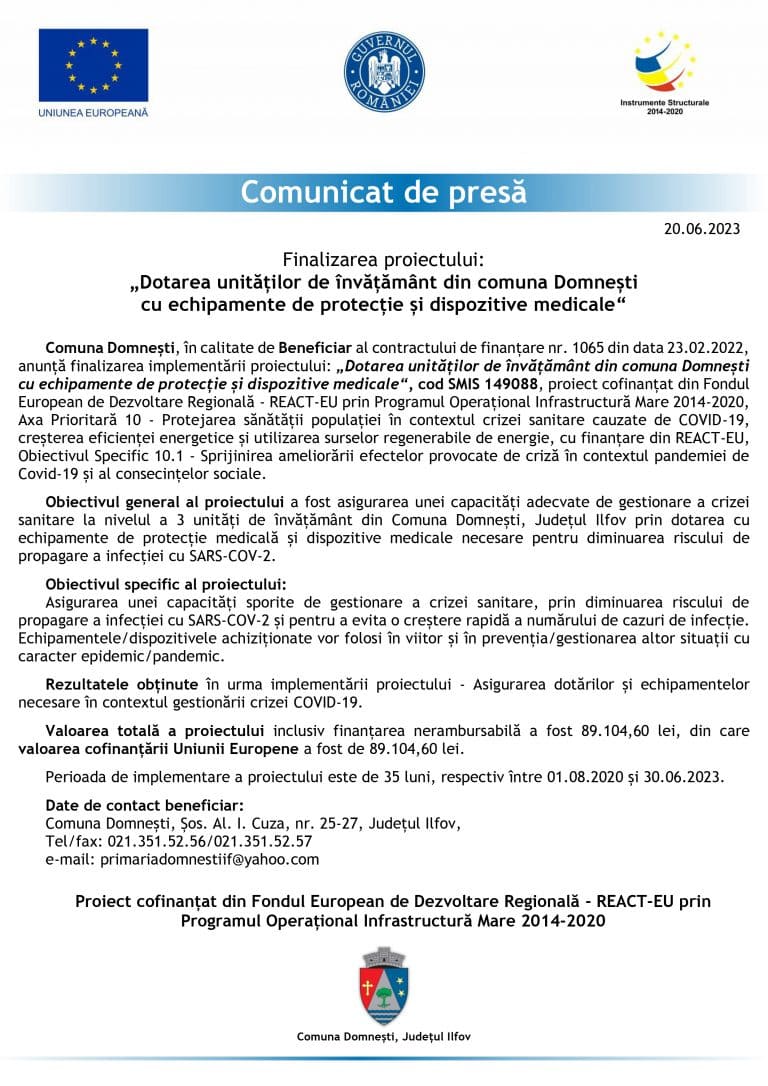 Comunicat de presă COMUNA DOMNESTI