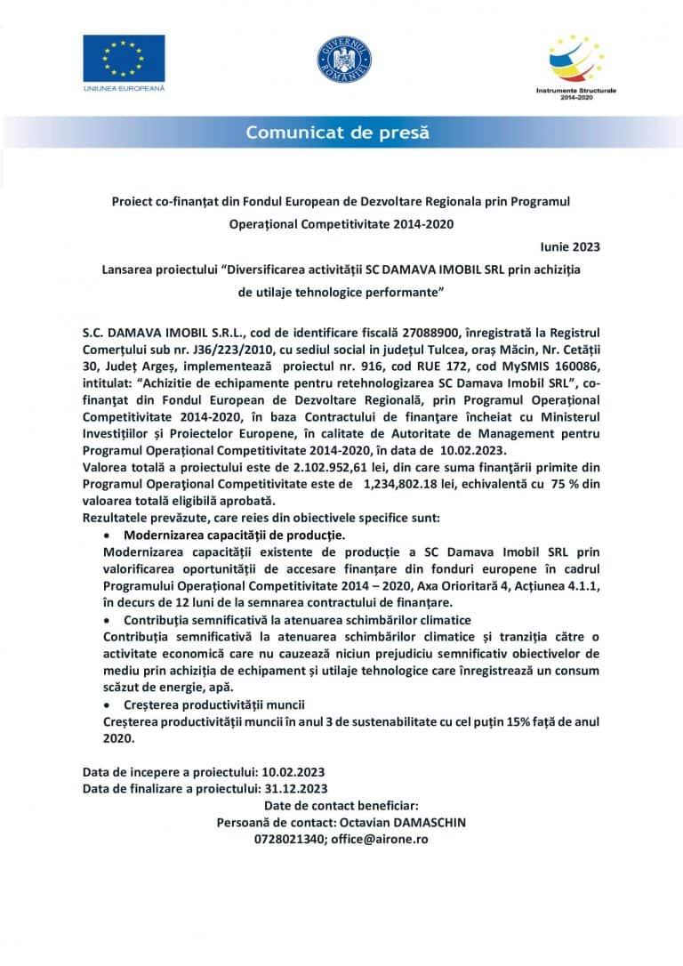 Comunicat de presa DAMAVA IMOBIL SRL
