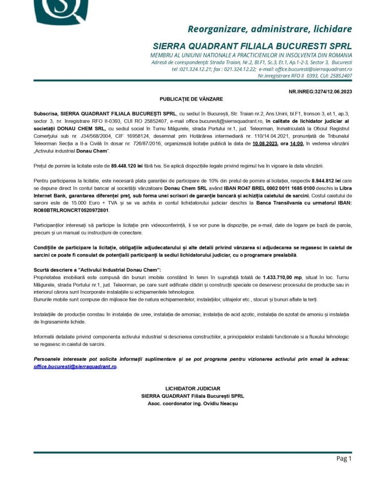 Comunicat de presa DONAU CHEM SRL
