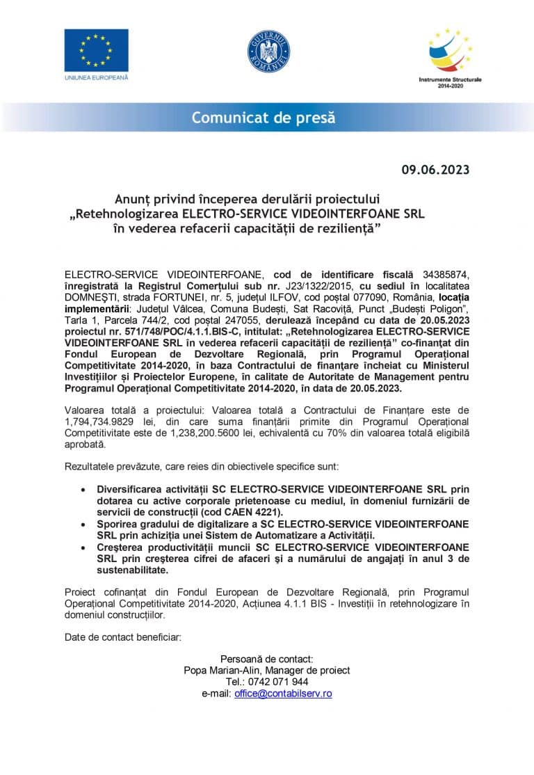 Comunicat de presă ELECTRO-SERVICE VIDEOINTERFOANE SRL