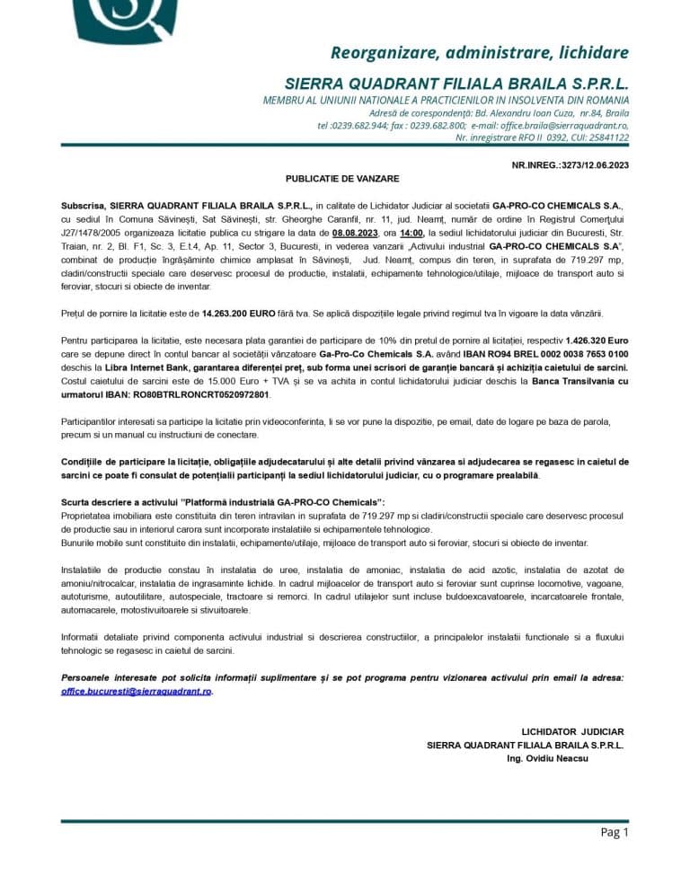 Comunicat de presa GA-PRO-CO CHEMICALS SA