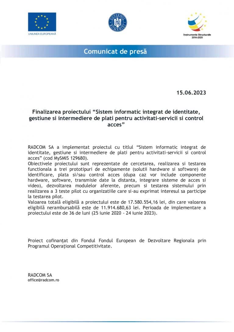 Comunicat de presa RADCOM SA