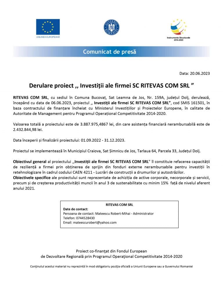 Comunicat de presă RITEVAS COM SRL